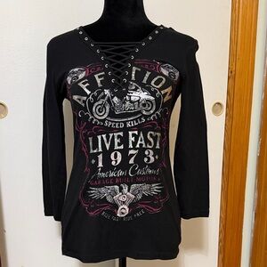 Affliction Black and Red Lace-Up Graphic Top